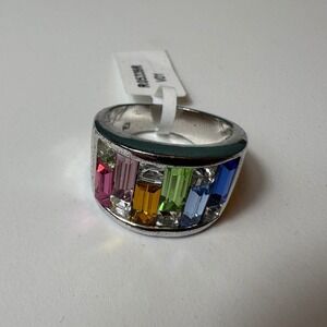 Rainbow Baguette Crystal Statement Ring Silver Tone Wide Band Size 6‎
